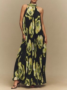 Anthropologie BHLDN Rosie Mock-Neck Pleated Chiffon Maxi Dress Black Floral NWT